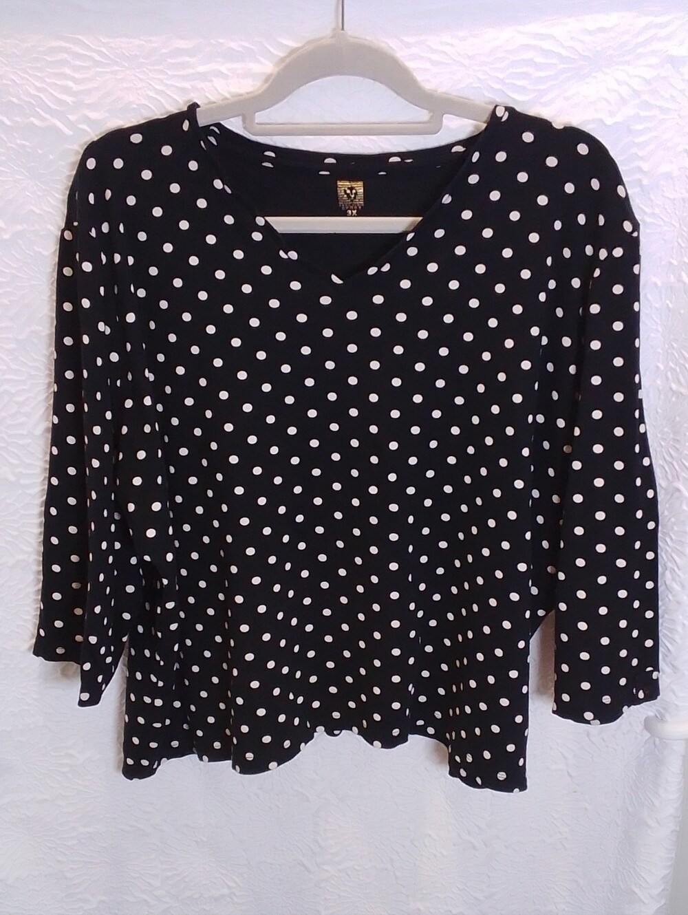 Anne Klein Sport 3X Black White Polka Dot Cotton Top Plus Size 3/4 Sleeve